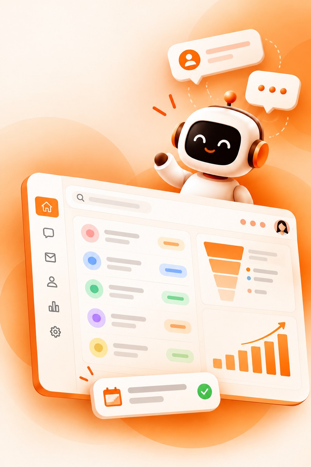 AI Customer Support illustration: a friendly support robot above a ticket dashboard with a resolved follow-up