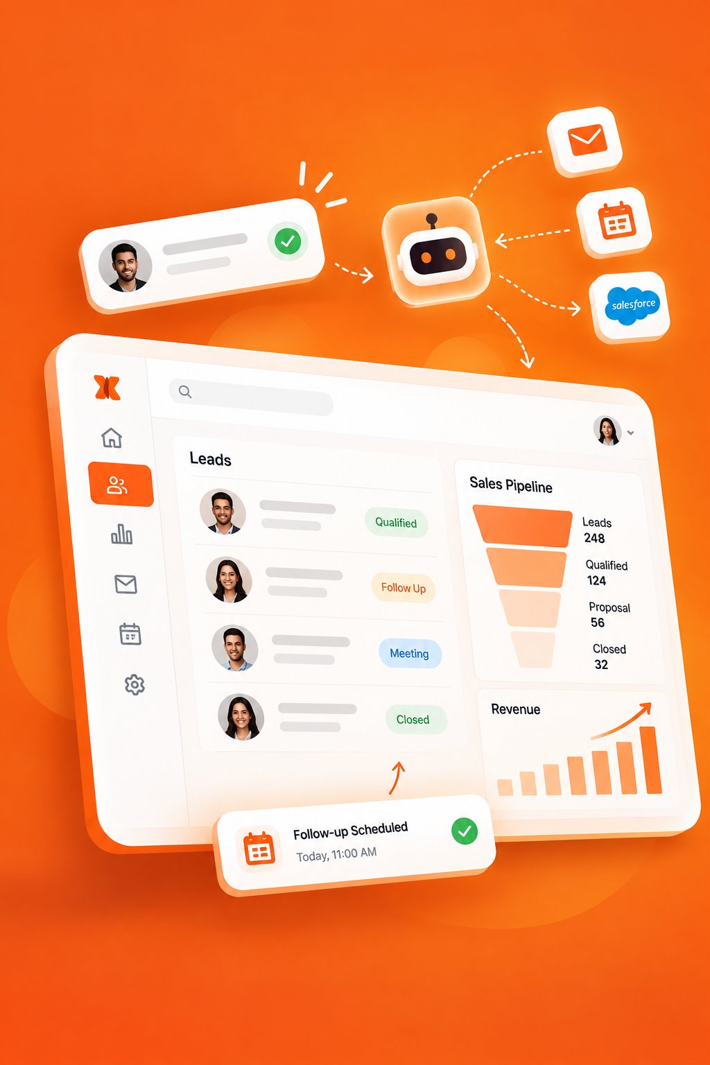 Illustration of an AI sales agent qualifying a lead, updating a CRM pipeline and scheduling a follow-up