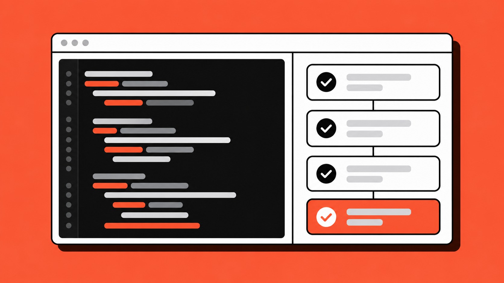 Build: a flat app window on orange with a dark code editor on the left and a four-step build pipeline on the right, three steps ticked in black and the final step ticked in orange