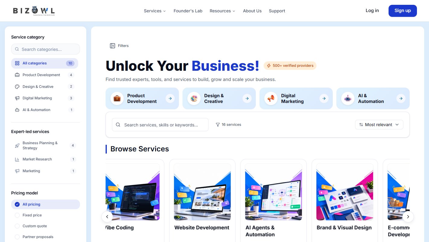 Bizowl's service marketplace: 'Unlock Your Business!' with service categories and browsable services