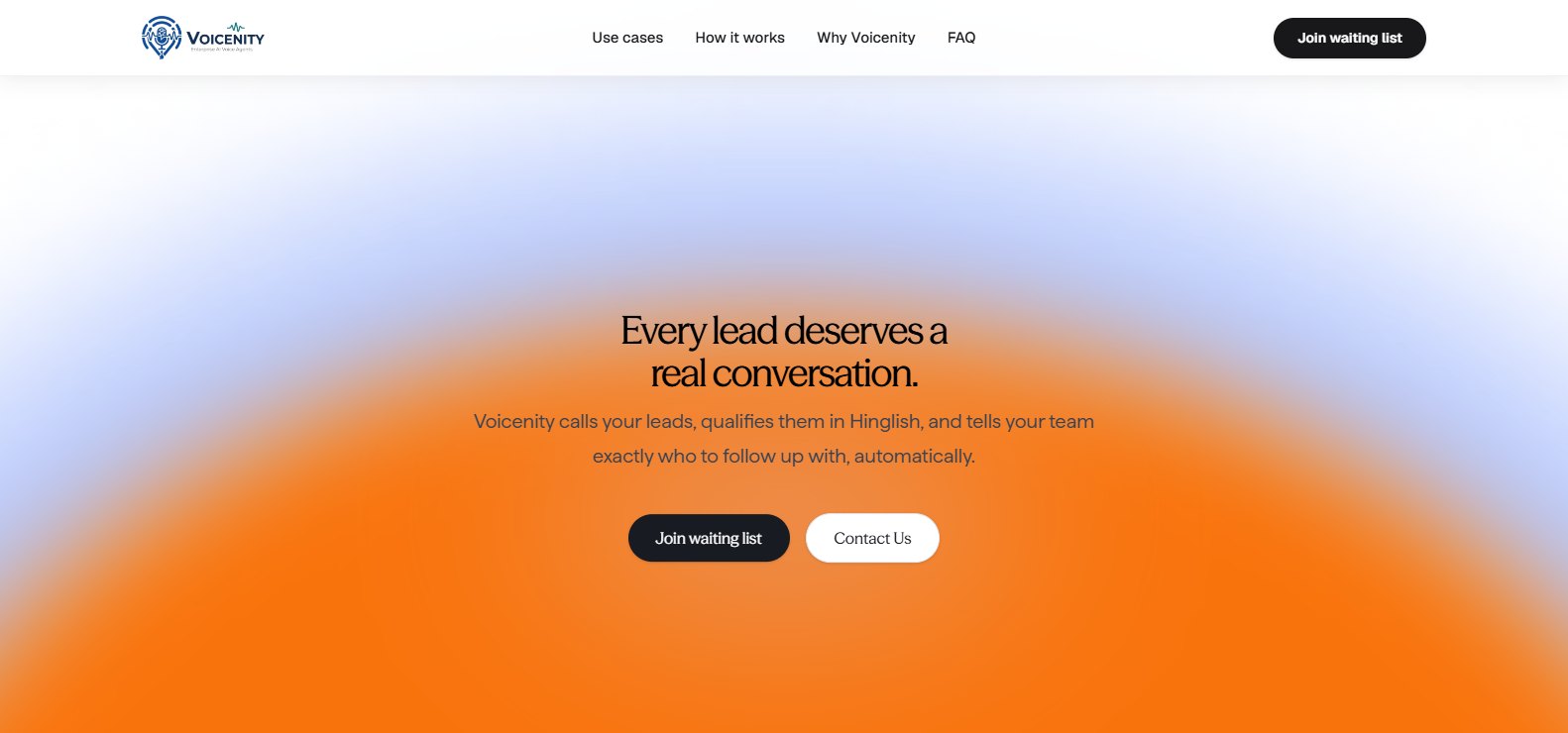 Voicenity homepage: 'Every lead deserves a real conversation.' with Join waiting list and Contact Us buttons